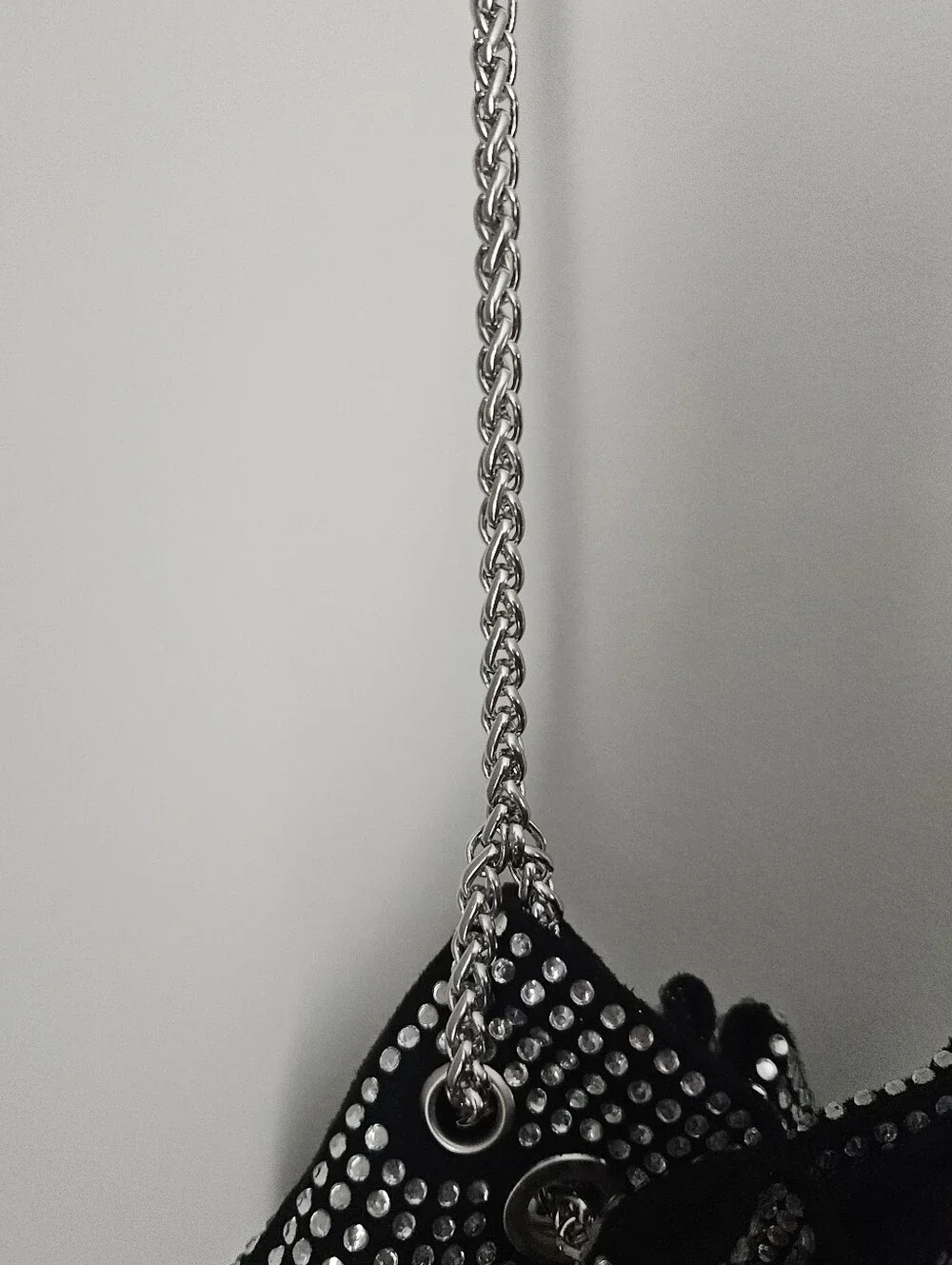 Black Rhinestone Mini Drawstring Bag With Chain - Picture 5 of 7
